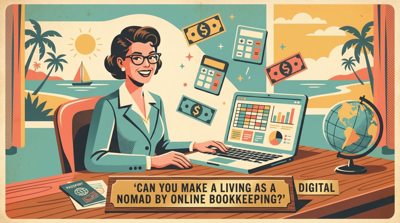 Digital nomad working on bookkeeping tasks from a laptop while traveling - digital nomad bookkeeping jobs in 2026