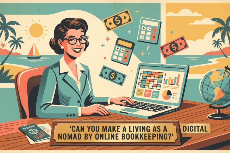 Digital nomad working on bookkeeping tasks from a laptop while traveling - digital nomad bookkeeping jobs in 2026